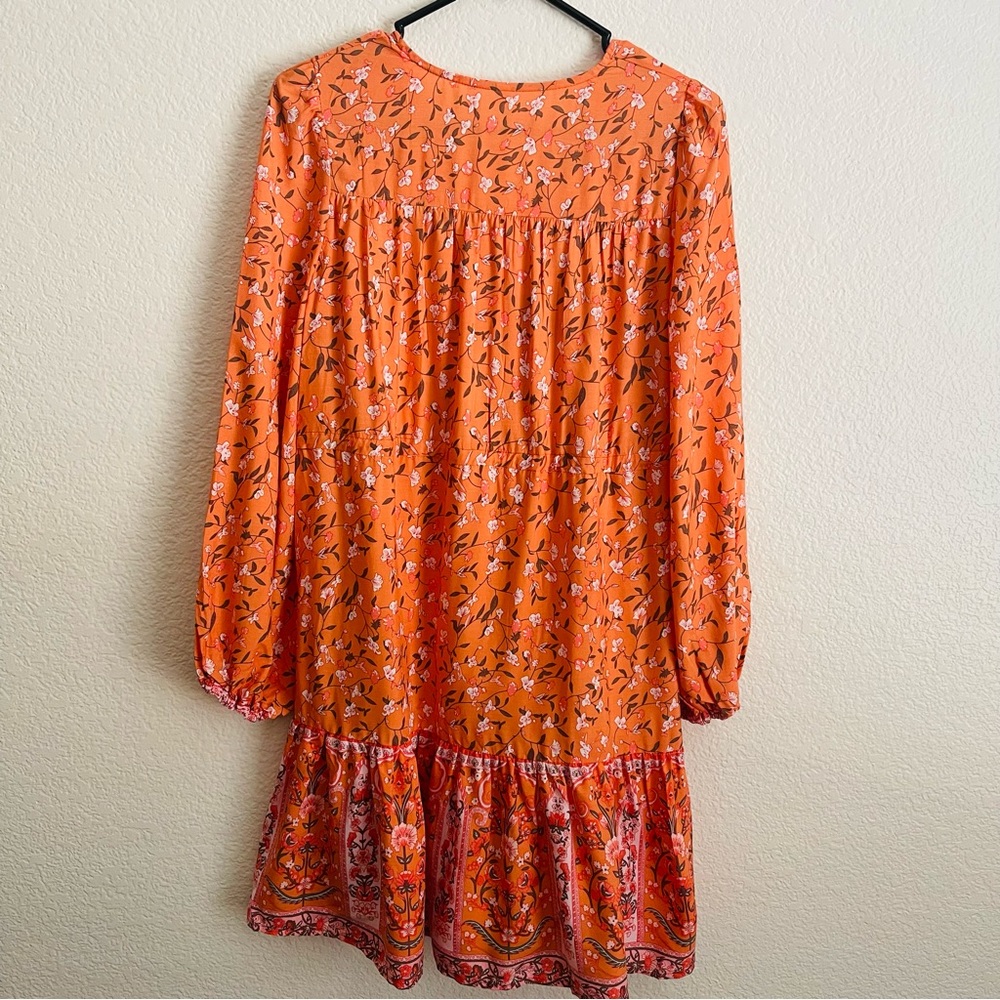 Boho Floral Print, Pleated V -Neck Lantern Sleeve Slim Waist Dress in Tangerine - Picture 9 of 11